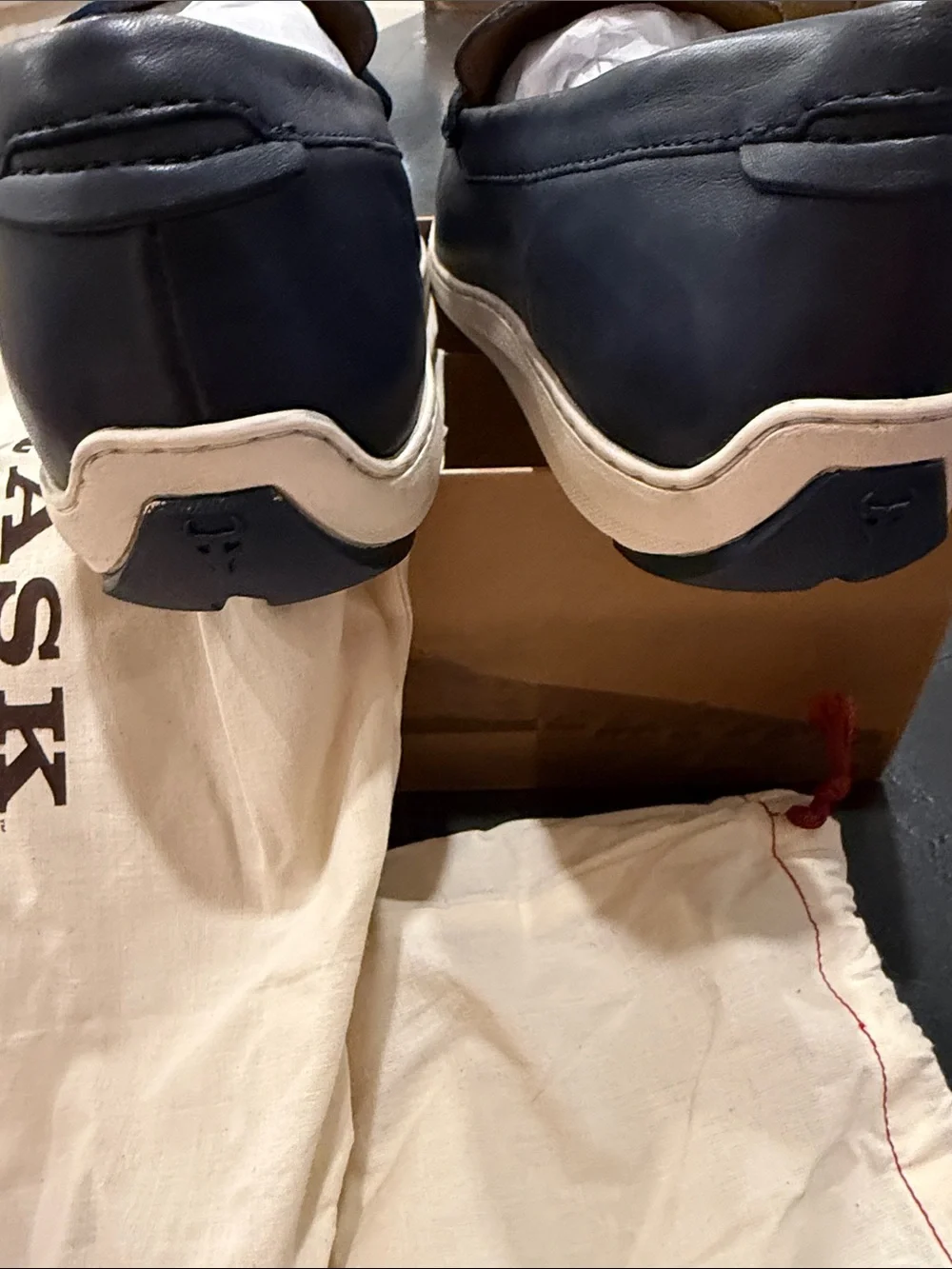 Trask Navy Leather Penny Loafers